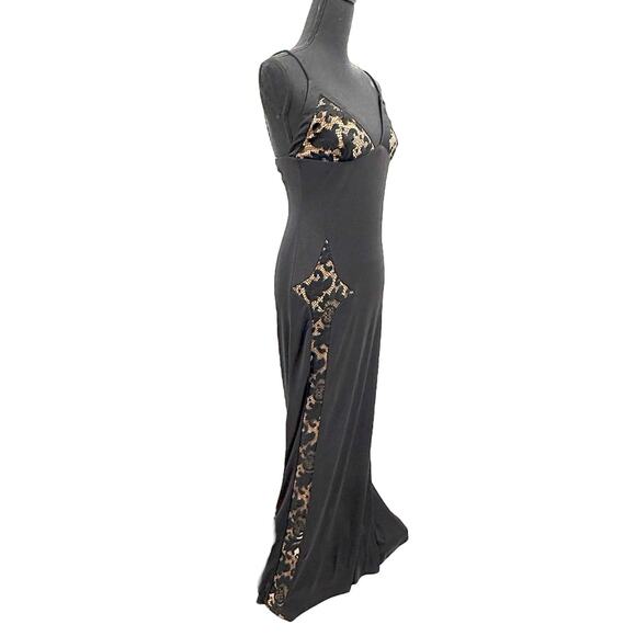 Vintage‎ Funky Sheer Lace Insets Bust & Front Black Nylon Maxi Slip Dress Witchy - Picture 1 of 7